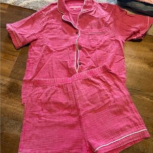 Simply Southern Pink Short Sleeve Pajama Set with White Piping